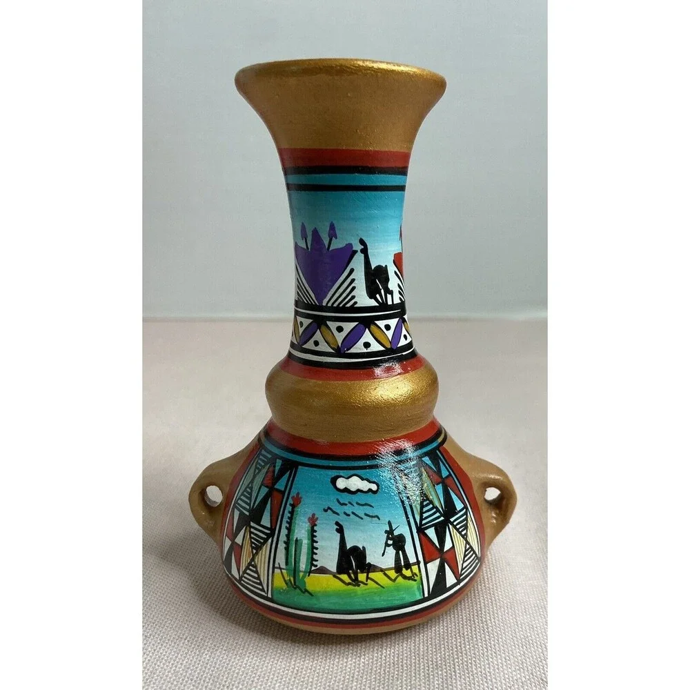 Terracotta Pottery Vase Hand Painted Colorful  5” Tall