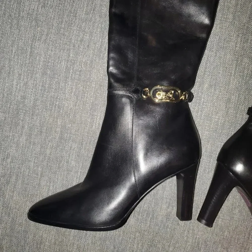 Celine Woman's 85 authentic Black 100% calf skin Leather Boots Size 38.5