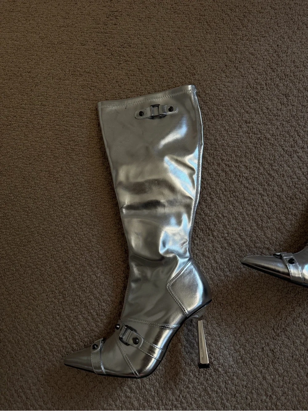 Fashion Nova Metallic Silver Over-the-Knee Pointed Toe Stiletto Boots