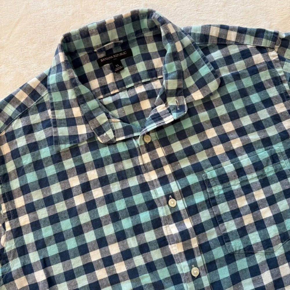 Banana Republic‎ Mens XL Blue Green Plaid Short Sleeve Button Up Shirt Linen