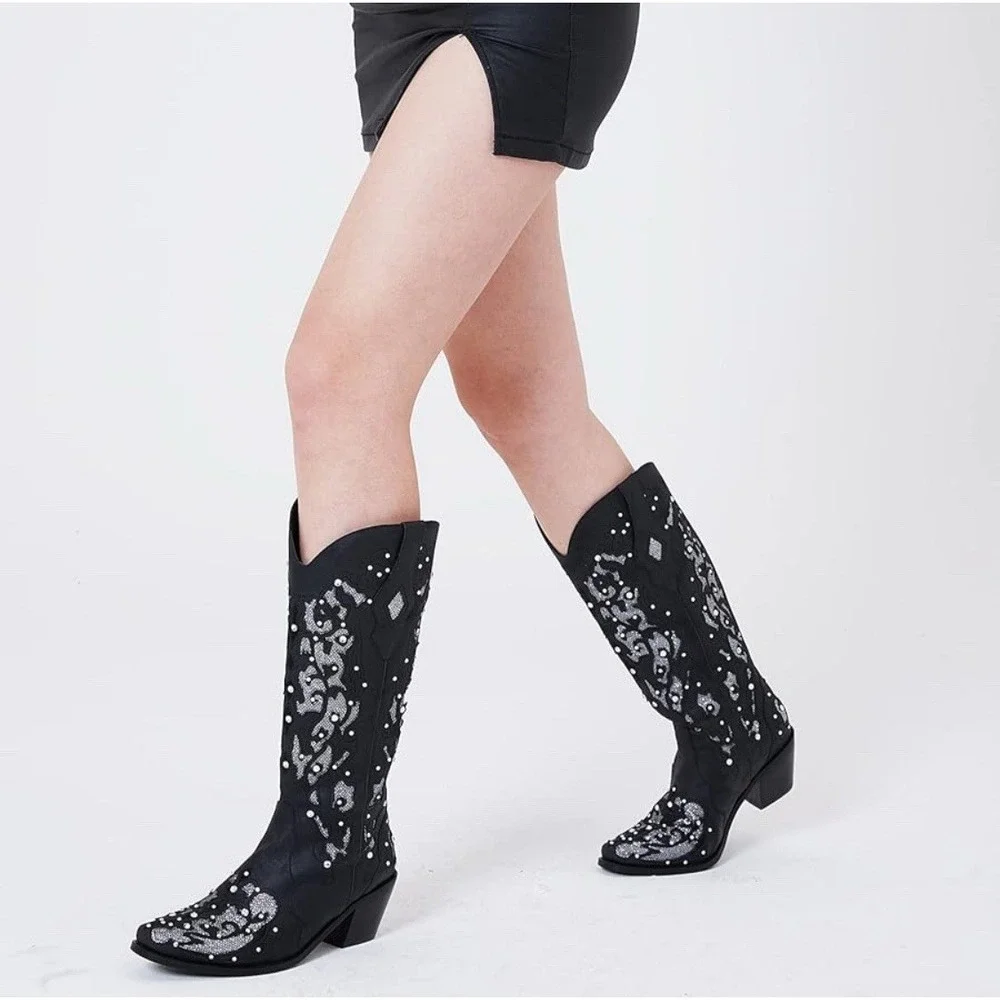 Rhinestone Crystal Women's Cowboy Boots- Mid Calf To Knee‎ High Size 7.5