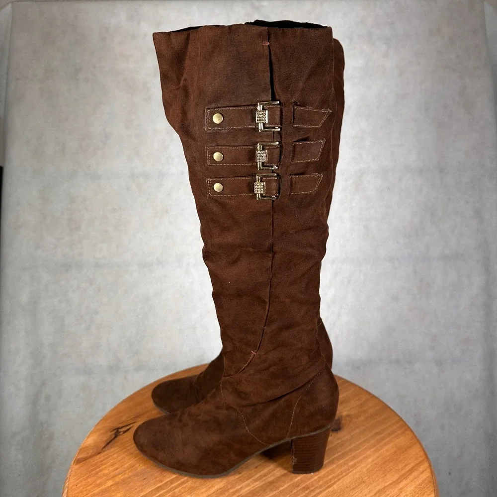 Kathy Van Zeeland Tall Boots Women 7 Brown Fair Buckle Block Heel Faux Suede