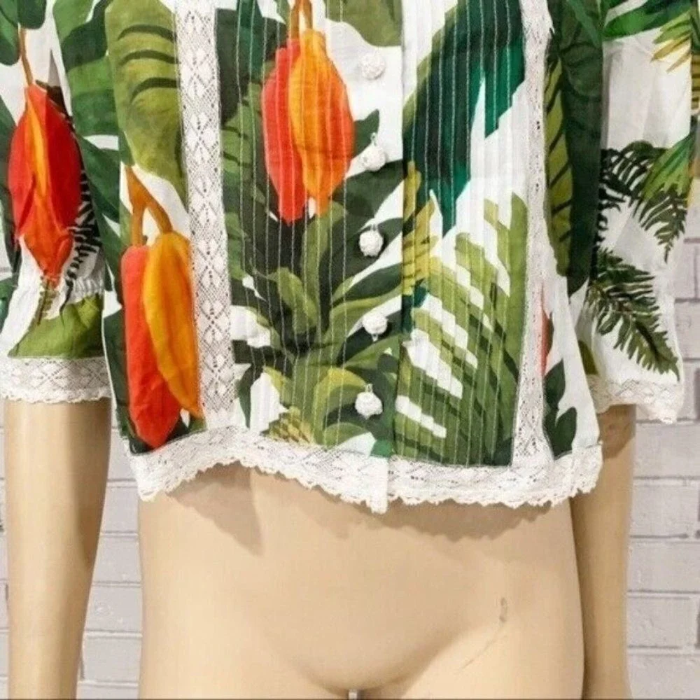 Farm‎ Rio Tropical Lace Trim Cocoa Forest Puff Sleeve Square Neck Top  | Size M
