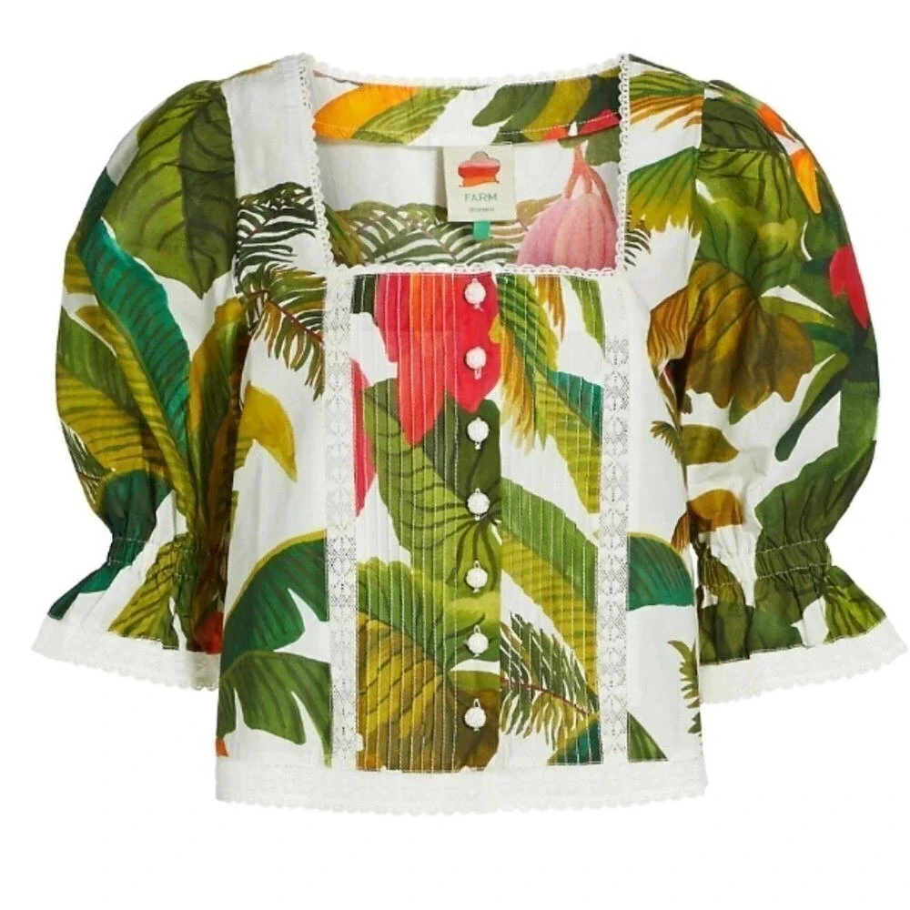 Farm‎ Rio Tropical Lace Trim Cocoa Forest Puff Sleeve Square Neck Top  | Size M