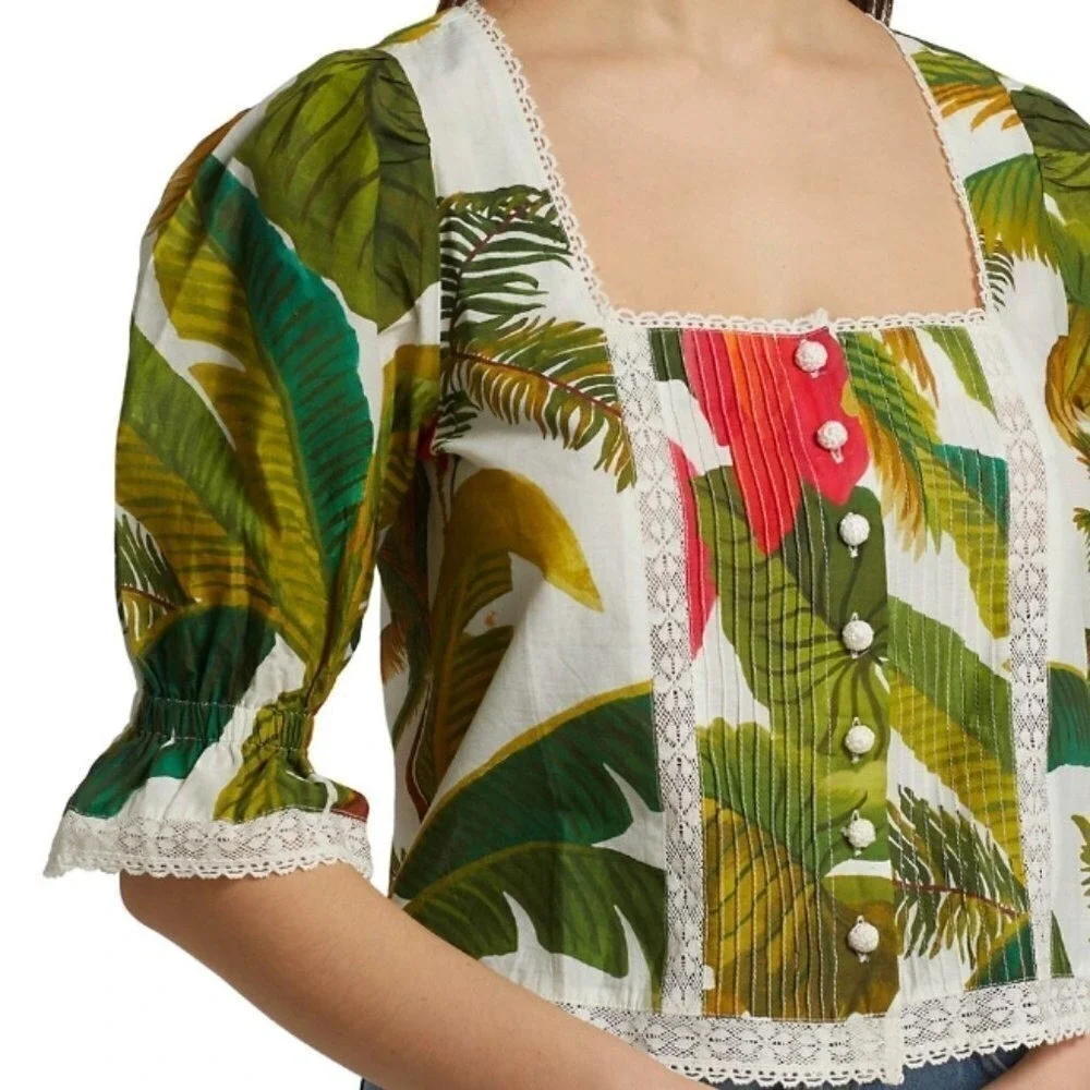 Farm‎ Rio Tropical Lace Trim Cocoa Forest Puff Sleeve Square Neck Top  | Size M