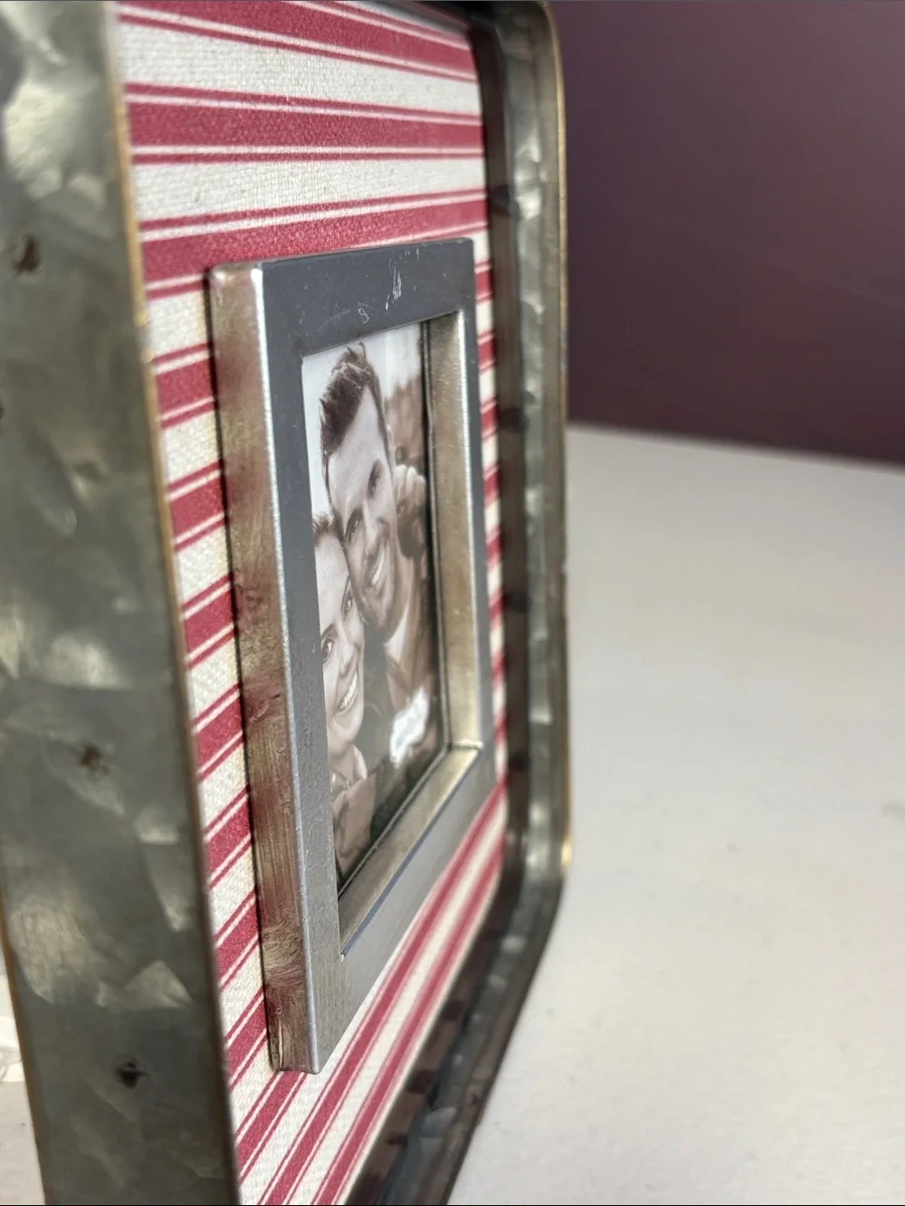 NWT Mud Pie Ticking Stripe Square Photo Frame-Rustic Farmhouse; Red & Cream