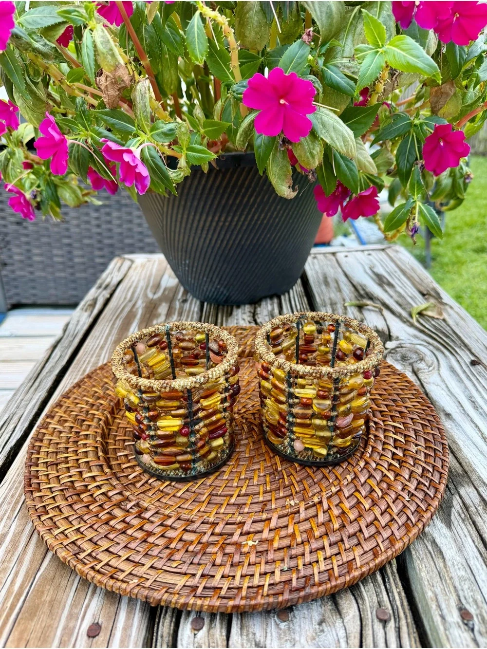 Pottery Barn Beaded Votive Candle Holders - Amber Multicolor