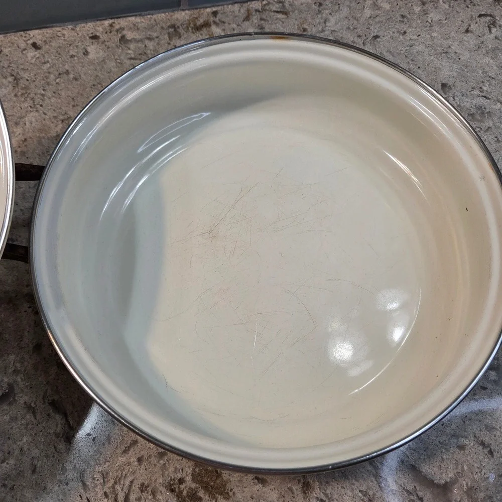 Vintage Cornucopia Enamelware Casserole Dish Lid Round Roaster Bronze Handles