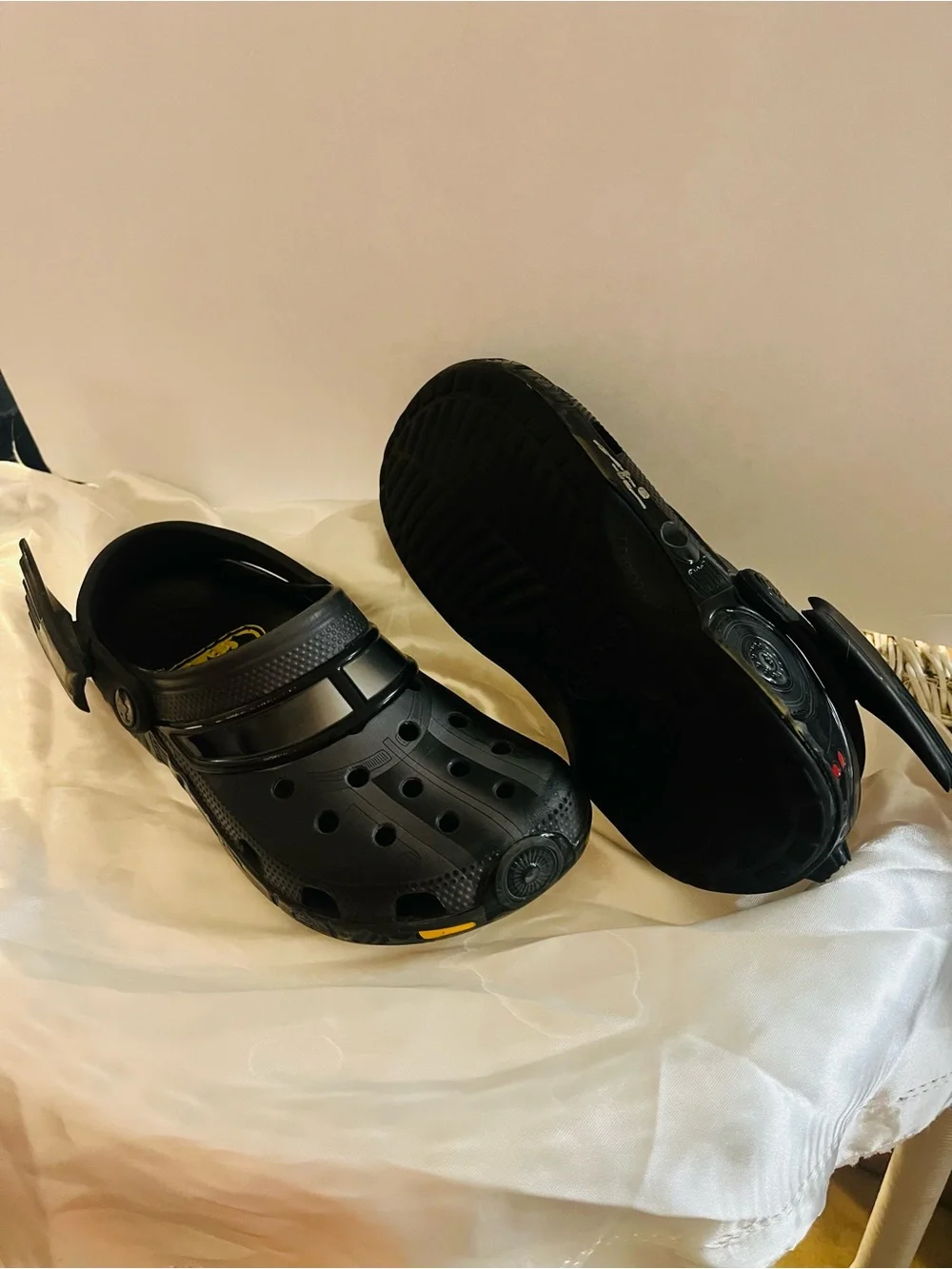 CROCS Black Kids Bat-Detail Clogs with Yellow Logo