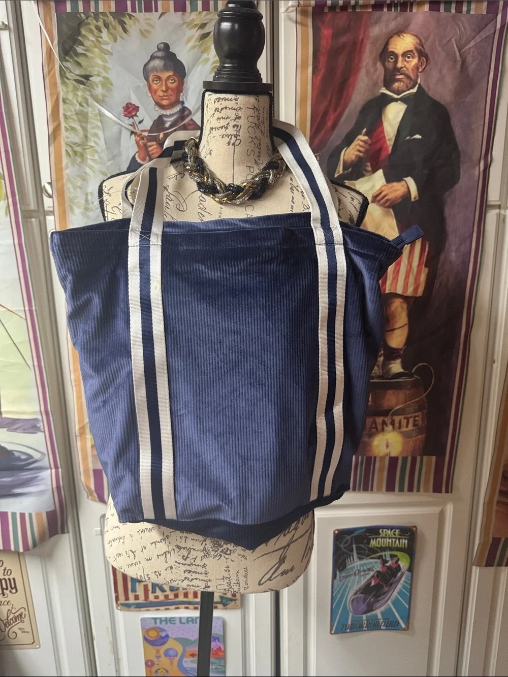Victoria secret pink Navy Corduroy Tote Bag with Striped Handles
