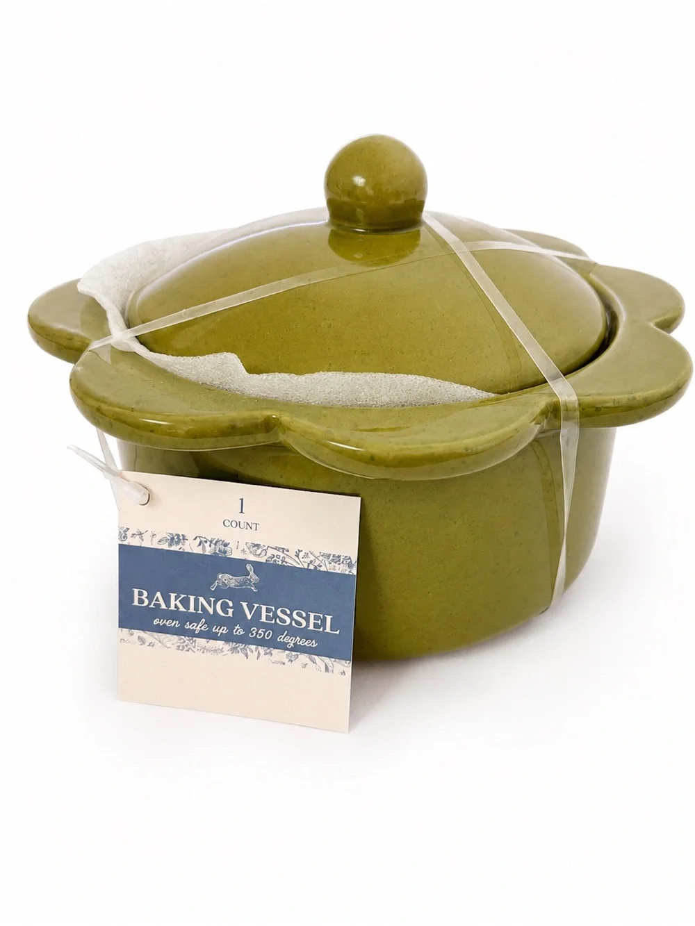 Flower Shaped Olive Green Ceramic Baking Vessel w/ Lid NWT Rustic Cottage