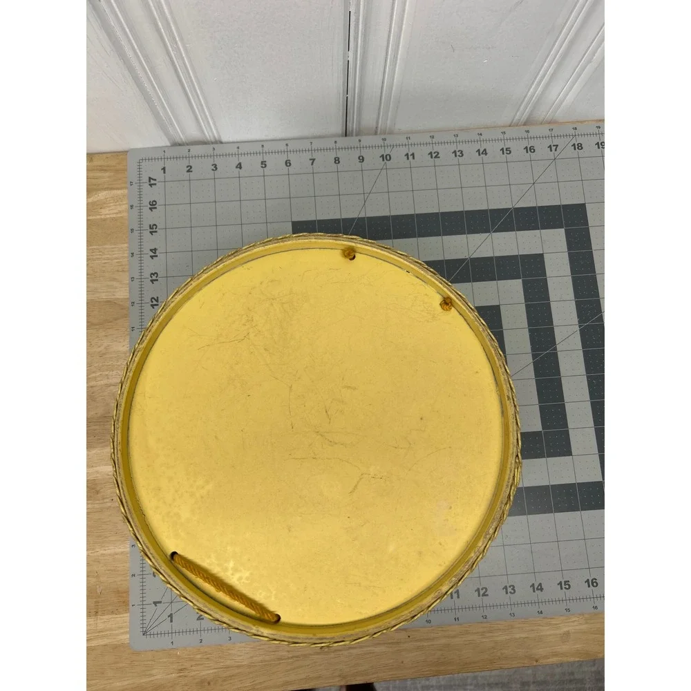 Vintage Princess Sewing Basket Yellow Wicker Round Lid Handle Floral 1940s