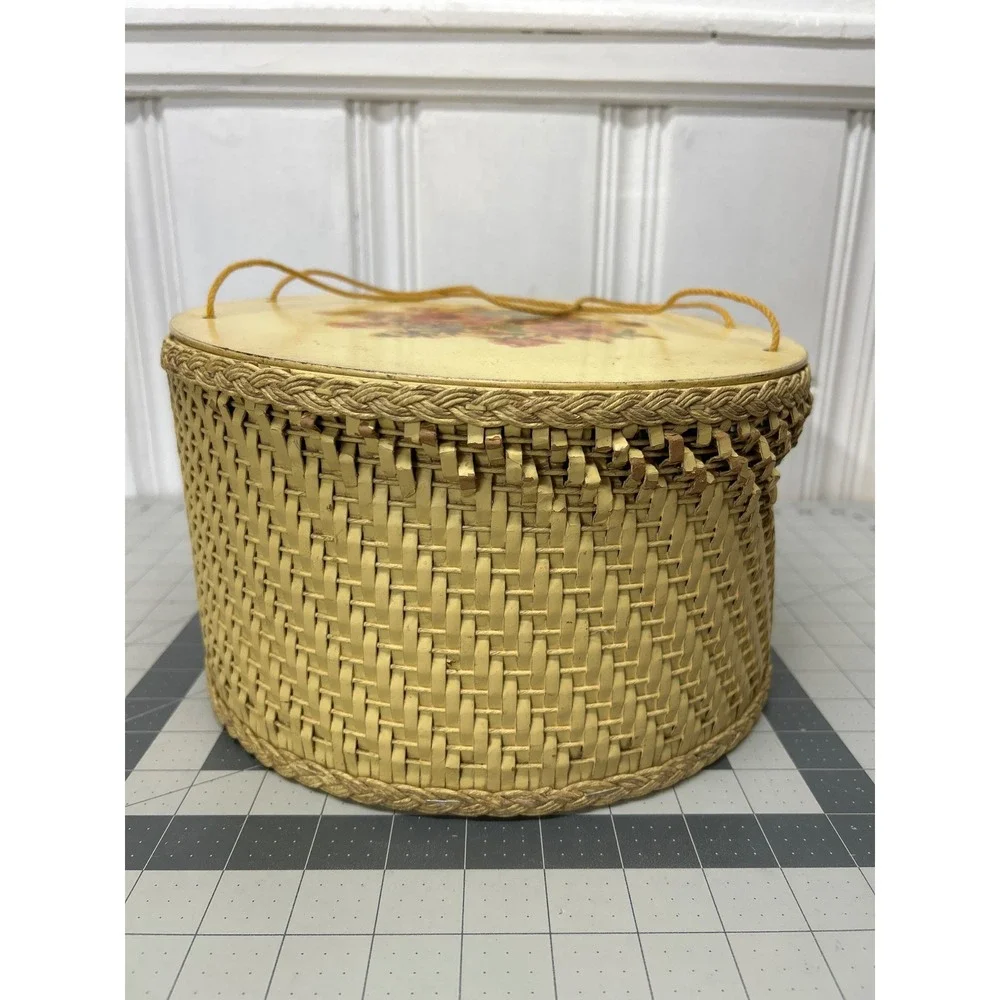 Vintage Princess Sewing Basket Yellow Wicker Round Lid Handle Floral 1940s