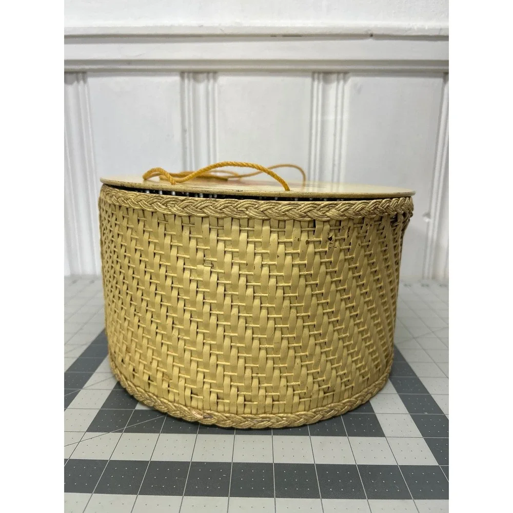 Vintage Princess Sewing Basket Yellow Wicker Round Lid Handle Floral 1940s