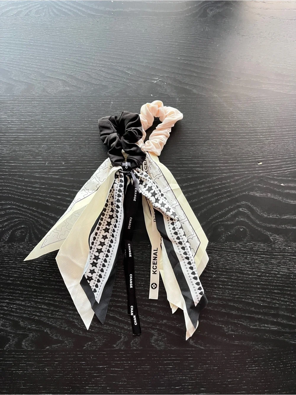 Black and Blush Scarf Scrunchie Hair Ties Set Bow Ribbon Black White Cream Lot