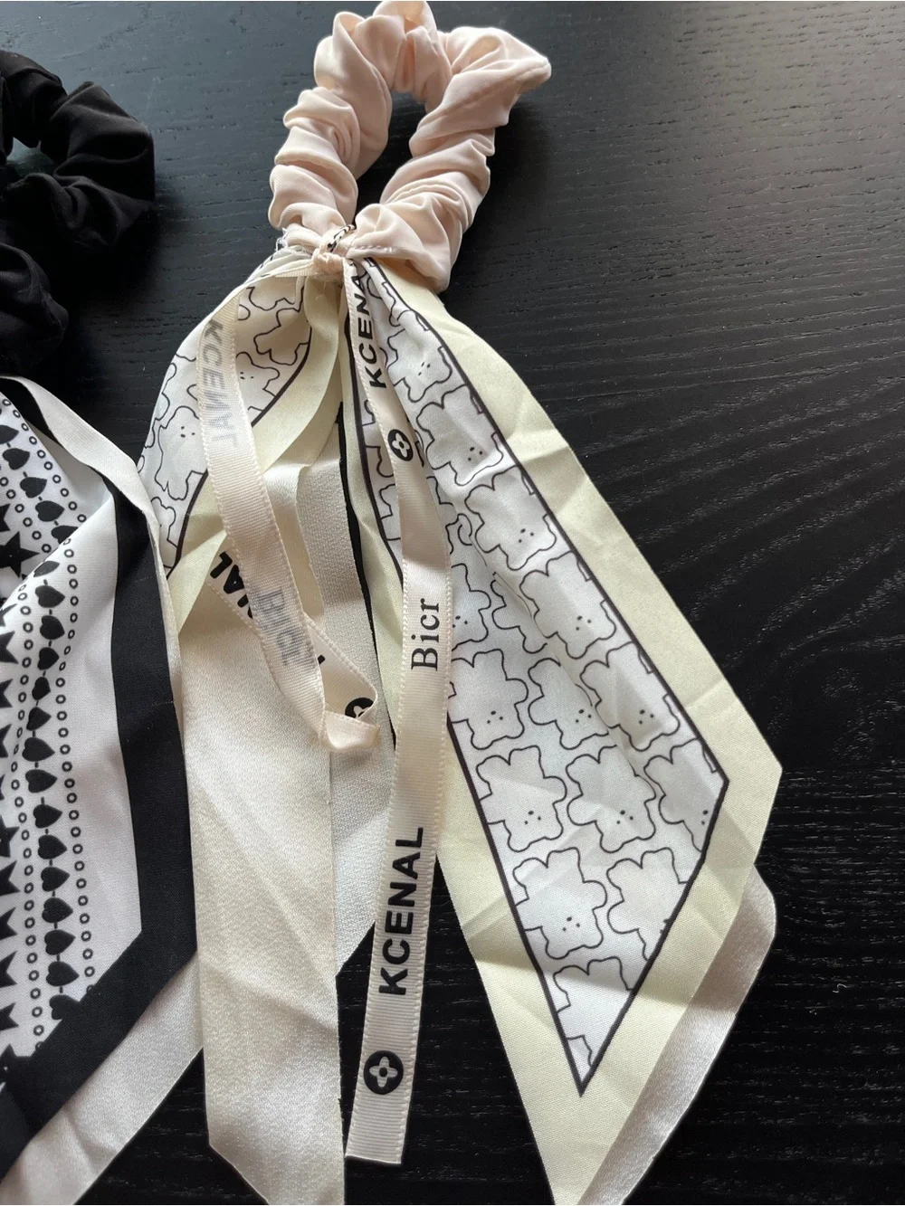 Black and Blush Scarf Scrunchie Hair Ties Set Bow Ribbon Black White Cream Lot