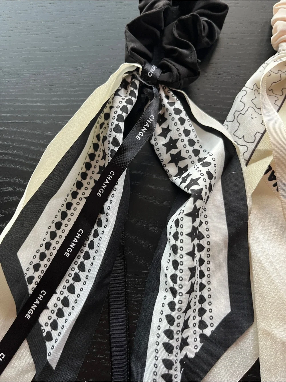 Black and Blush Scarf Scrunchie Hair Ties Set Bow Ribbon Black White Cream Lot