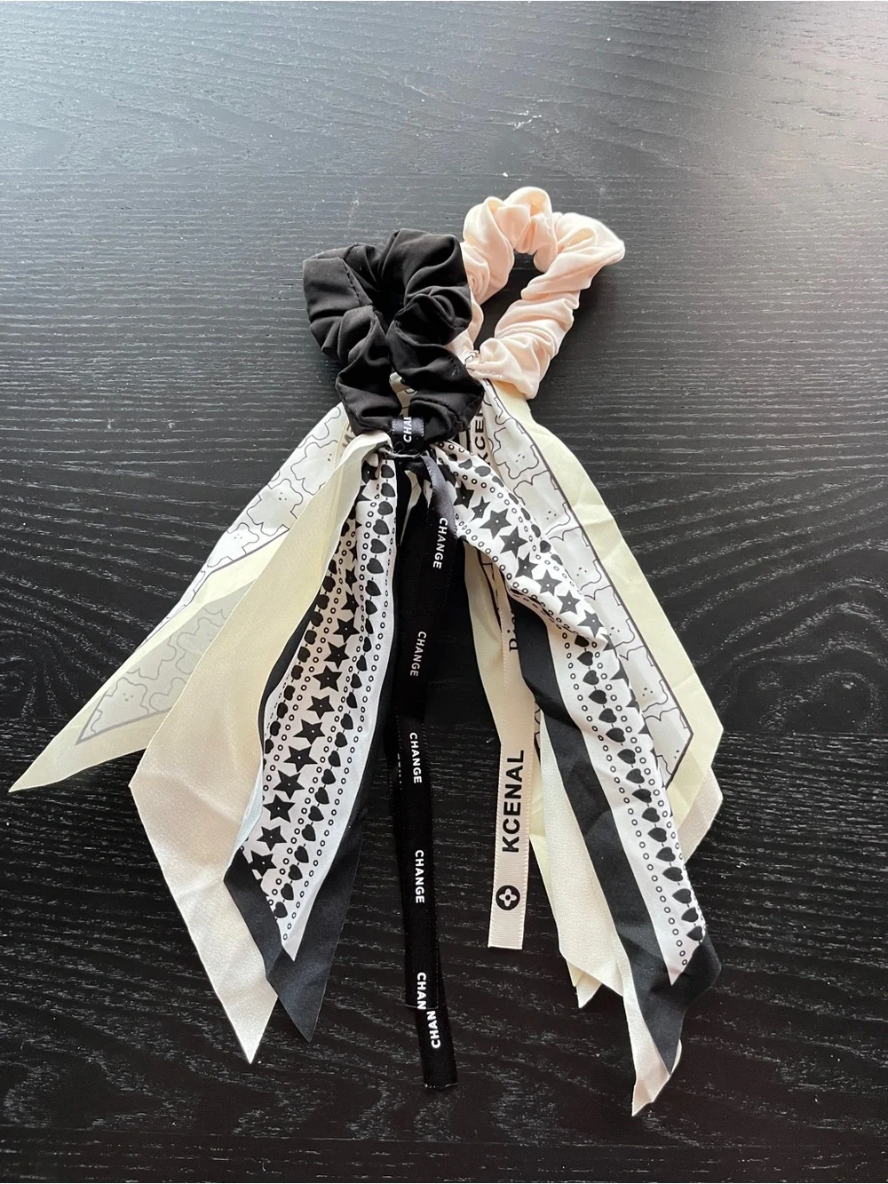 Black and Blush Scarf Scrunchie Hair Ties Set Bow Ribbon Black White Cream Lot