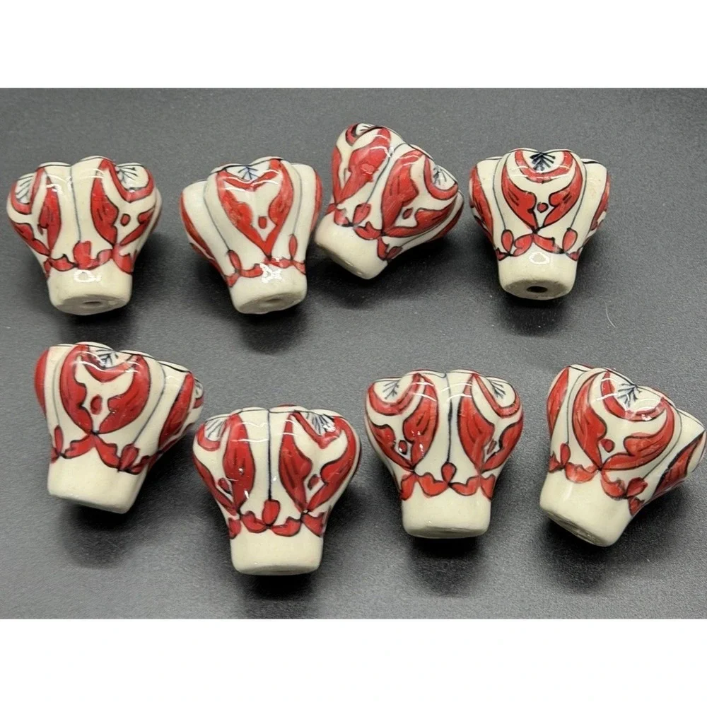 VTG Flower Shaped Ceramic Hand Painted Floral Drawer Knobs  With Bolts  Set Of 8