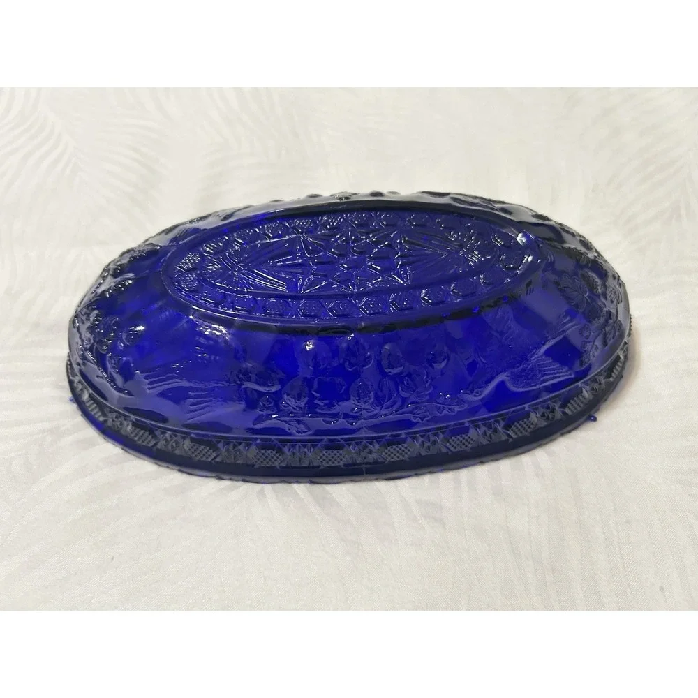Vintage Tiara Glass Cobalt Blue Bird Berries Dish
