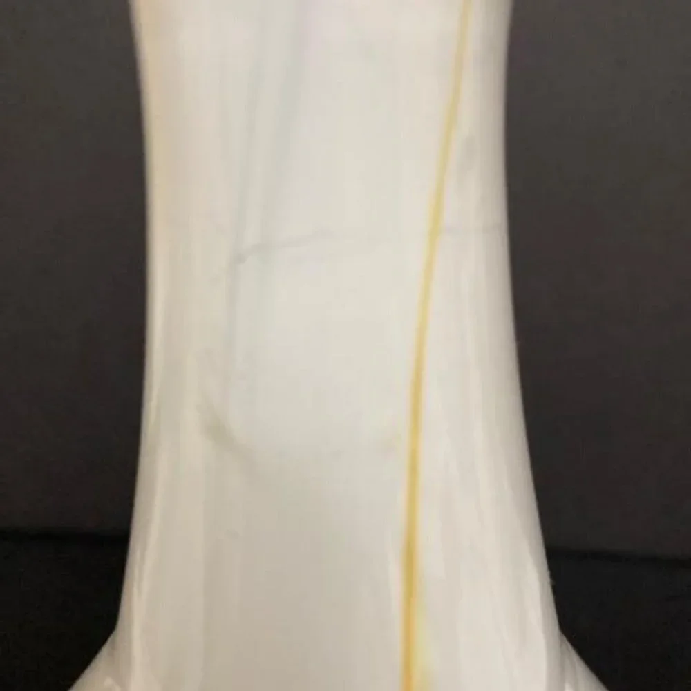 Hand‎ Blown Art Glass Vase White Yellow Rimmed Bulbous Abstract Signed
