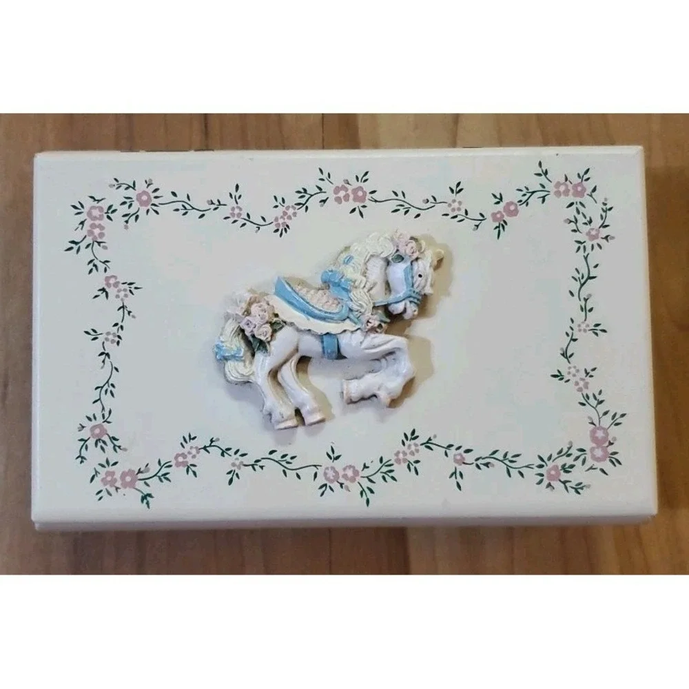 Vintage Wood Childrens Jewelry‎ Trinket Keepsake Box With Hinged Lid Horse Pony