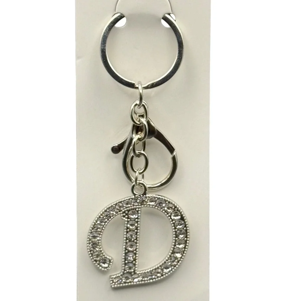 Silver Tone‎ Rhinestone Initial Letter D Keychain Bag Charm Bling Accessory
