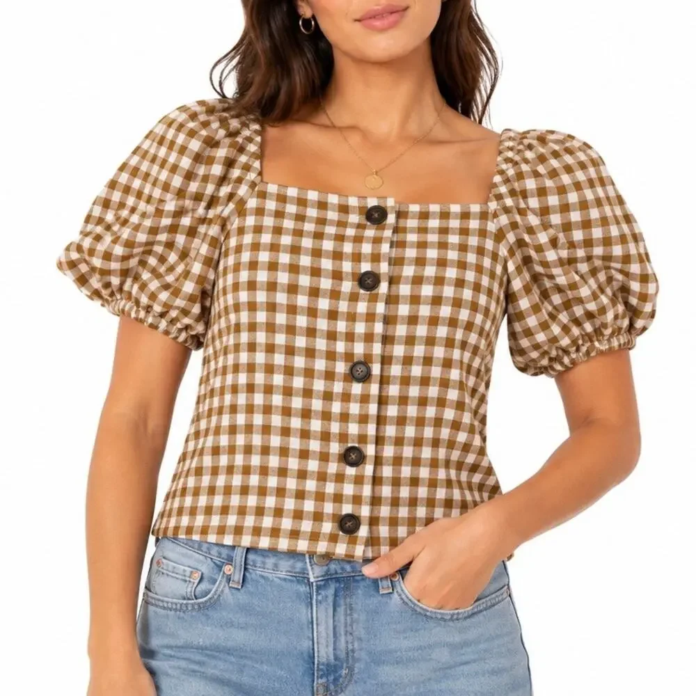 Madewell Brown Gingham Puff Sleeve Button Front Blouse Size XS Cottagecore