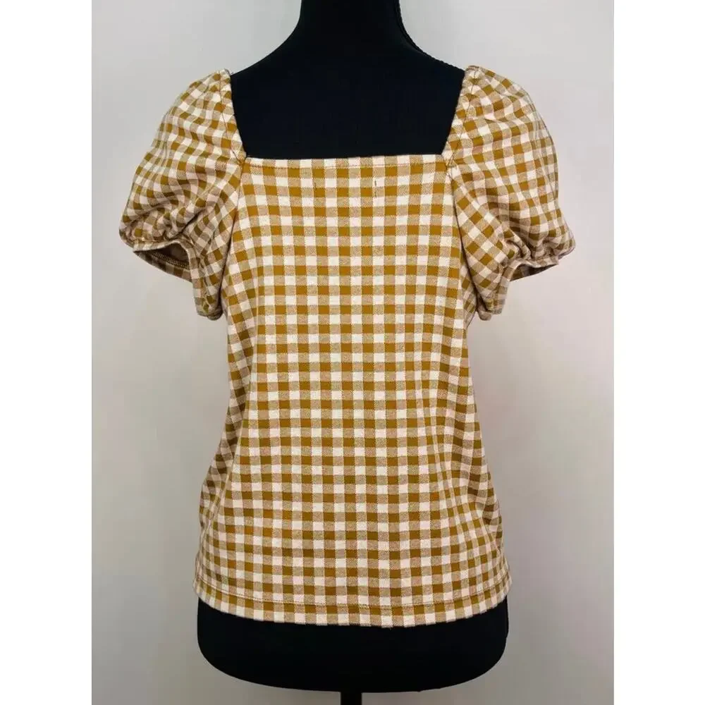 Madewell Brown Gingham Puff Sleeve Button Front Blouse Size XS Cottagecore
