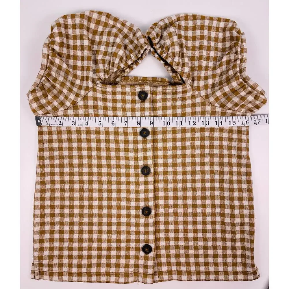 Madewell Brown Gingham Puff Sleeve Button Front Blouse Size XS Cottagecore
