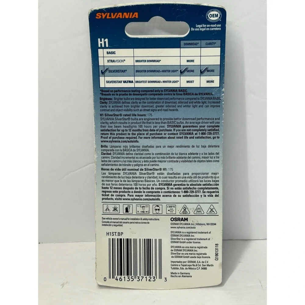 Sylvania SilverStar H1 Headlight Bulb Brighter Down-road Whiter‎ Light