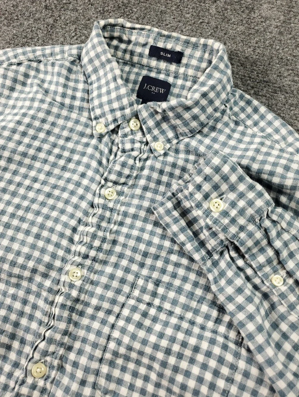 J Crew Linen Shirt Medium Gingham Check Button Down Oxford Blue White Summer