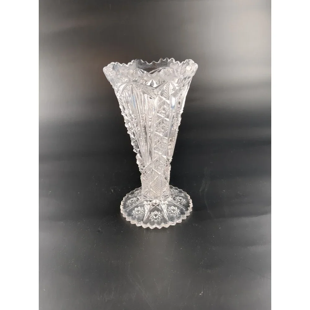Vintage Brilliant Cut‎ Glass Flower Trumpet Vase Short 6