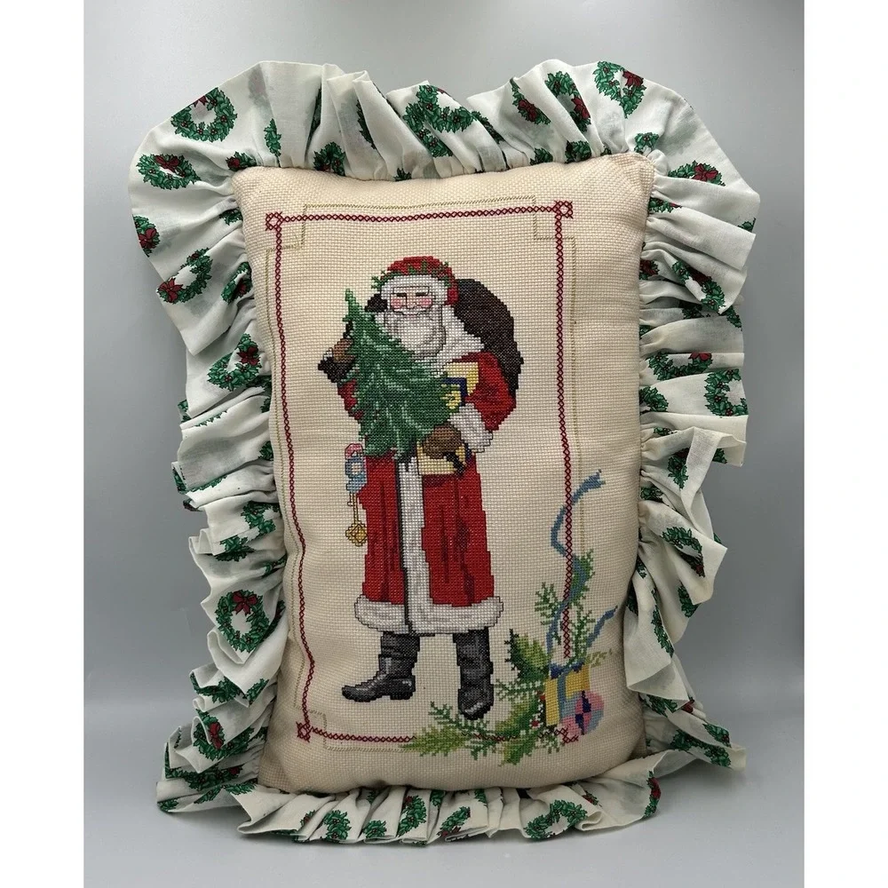 Vtg Original Cross Stitch‎ Santa Claus & Christmas Pillow