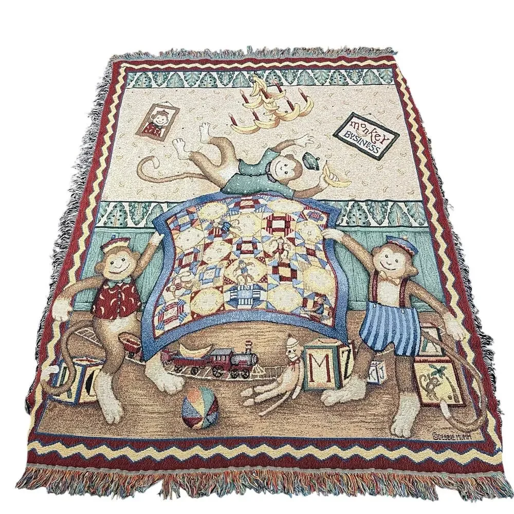 VTG Monkey Business Tapestry Bananas‎ Debbie Mumm Quilt Woven Nursery Decor Kids