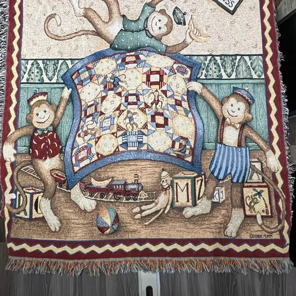 VTG Monkey Business Tapestry Bananas‎ Debbie Mumm Quilt Woven Nursery Decor Kids