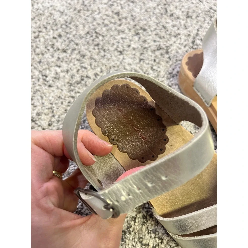 Kids Silver Leather Clog Sandals Wooden Sole Adjustable‎ Strap Size 28