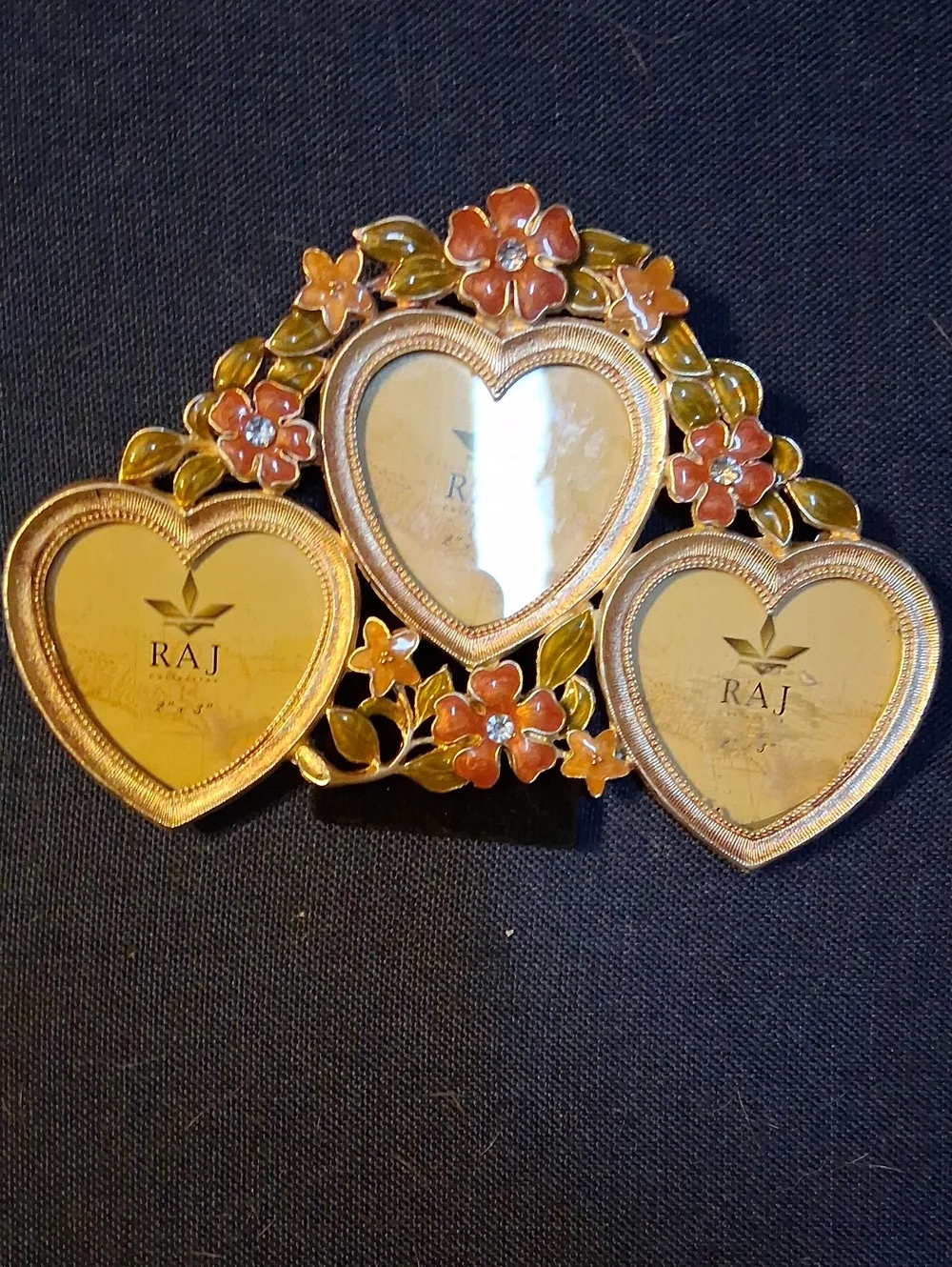 Vintage 1990's Raj Gold Heart Floral 3 Picture Frame with Pink and Green Accents