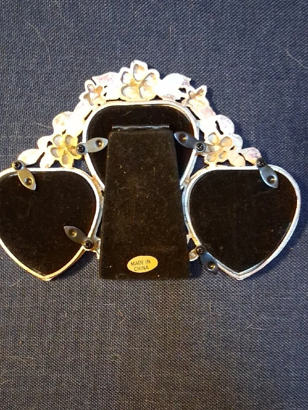 Vintage 1990's Raj Gold Heart Floral 3 Picture Frame with Pink and Green Accents