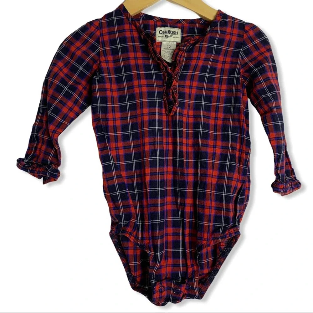 Oshkosh red plaid one piece ruffle edges 12‎ month