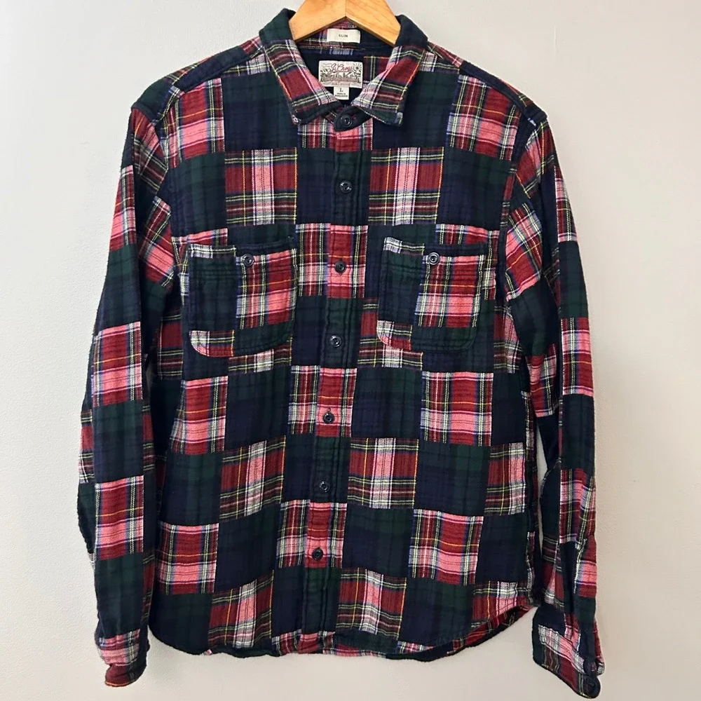 J.Crew Shirt Mens L Red‎ Blue Plaid Patchwork Flannel Double Brushed Slim Fit