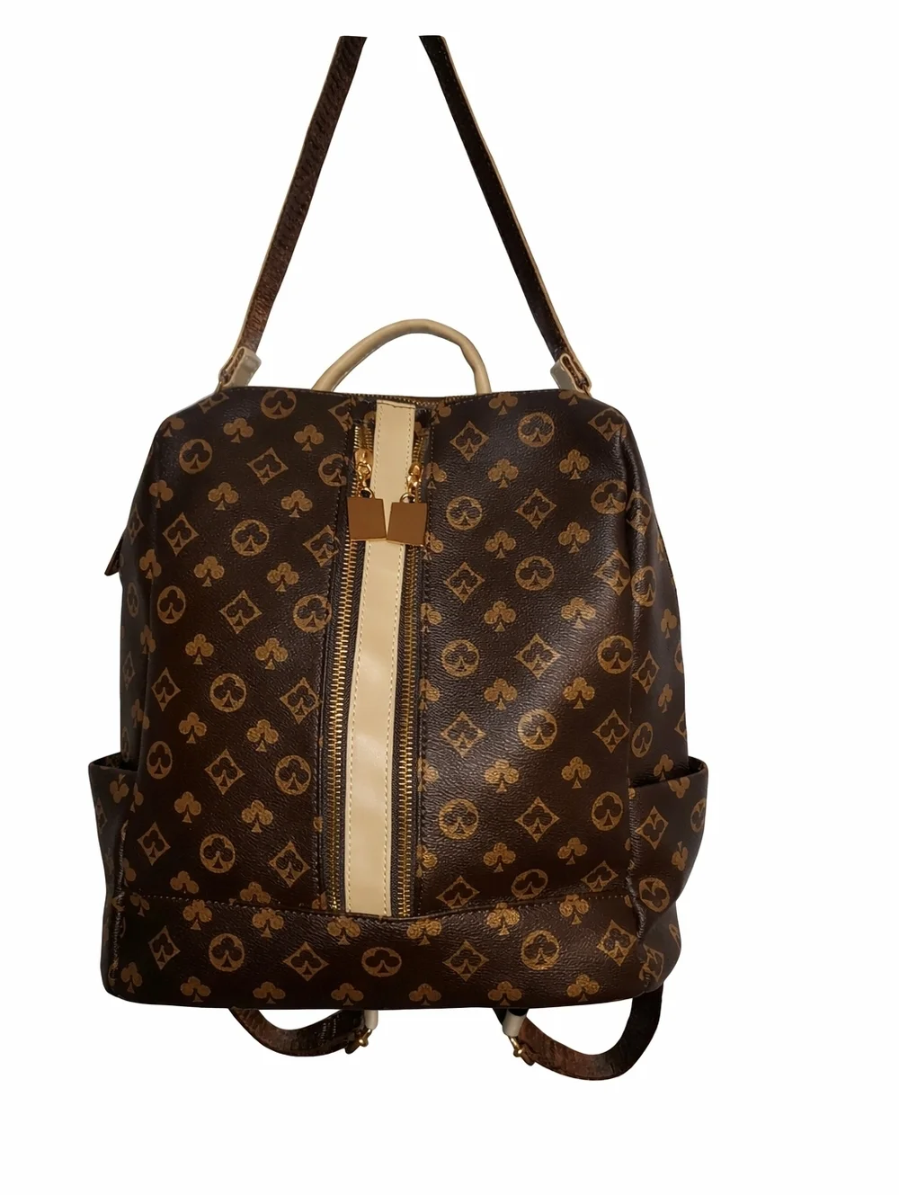 Brown Monogram-Pattern Womens Backpack with Beige Trim