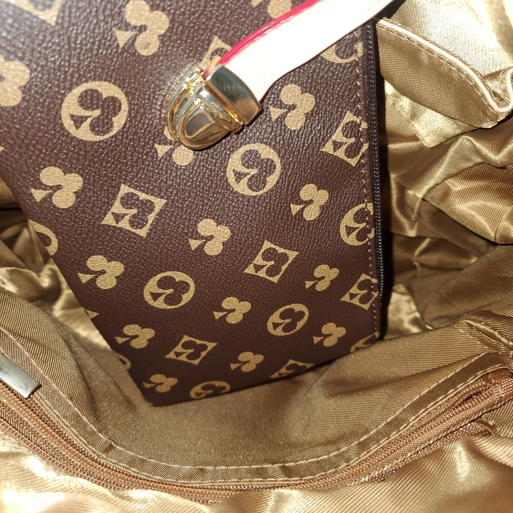 Brown Monogram-Pattern Womens Backpack with Beige Trim