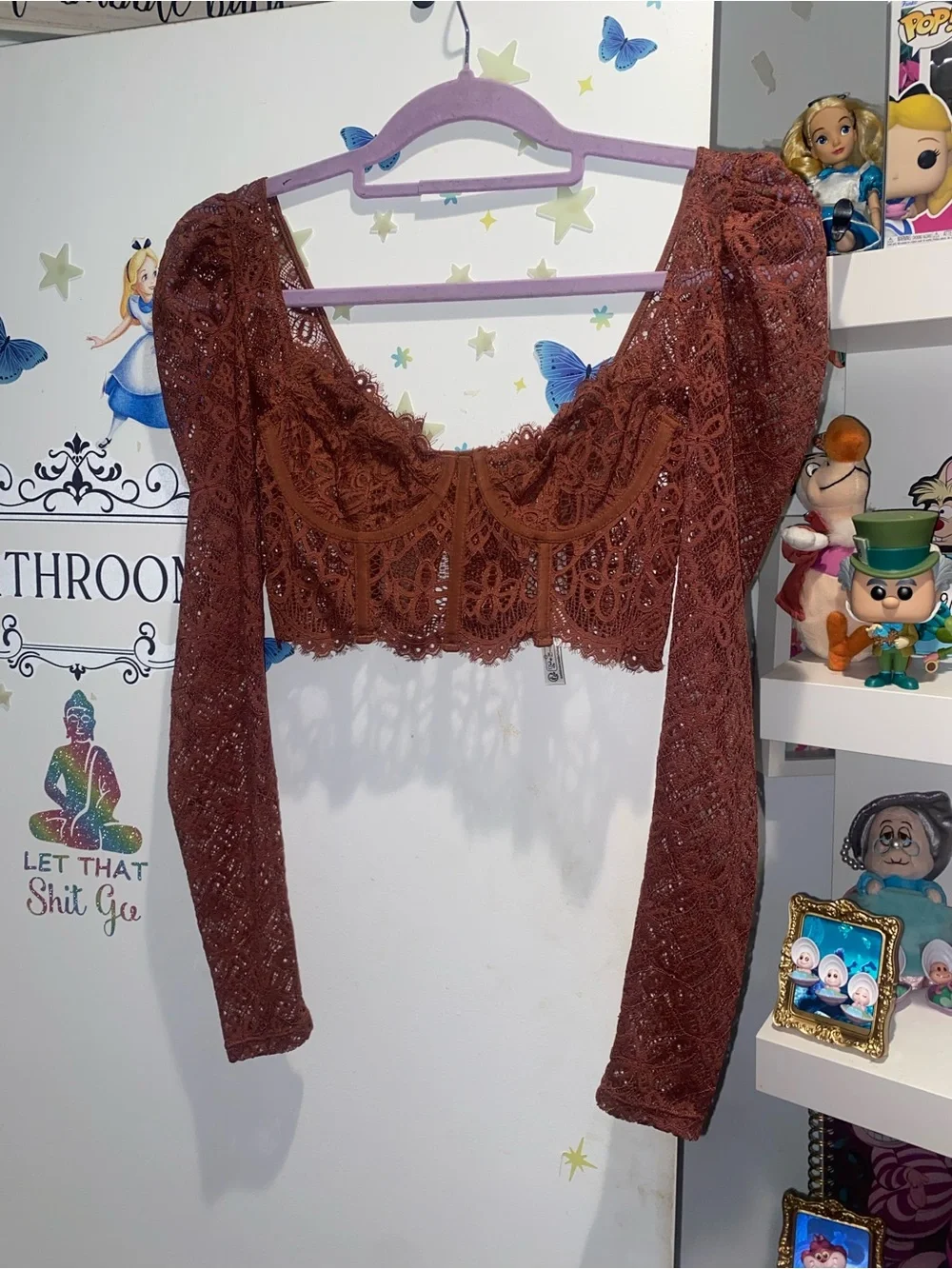 Anthropologie Rust Lace Corset Long Sleeve Crop Top XS Boho Romantic Cottagecore