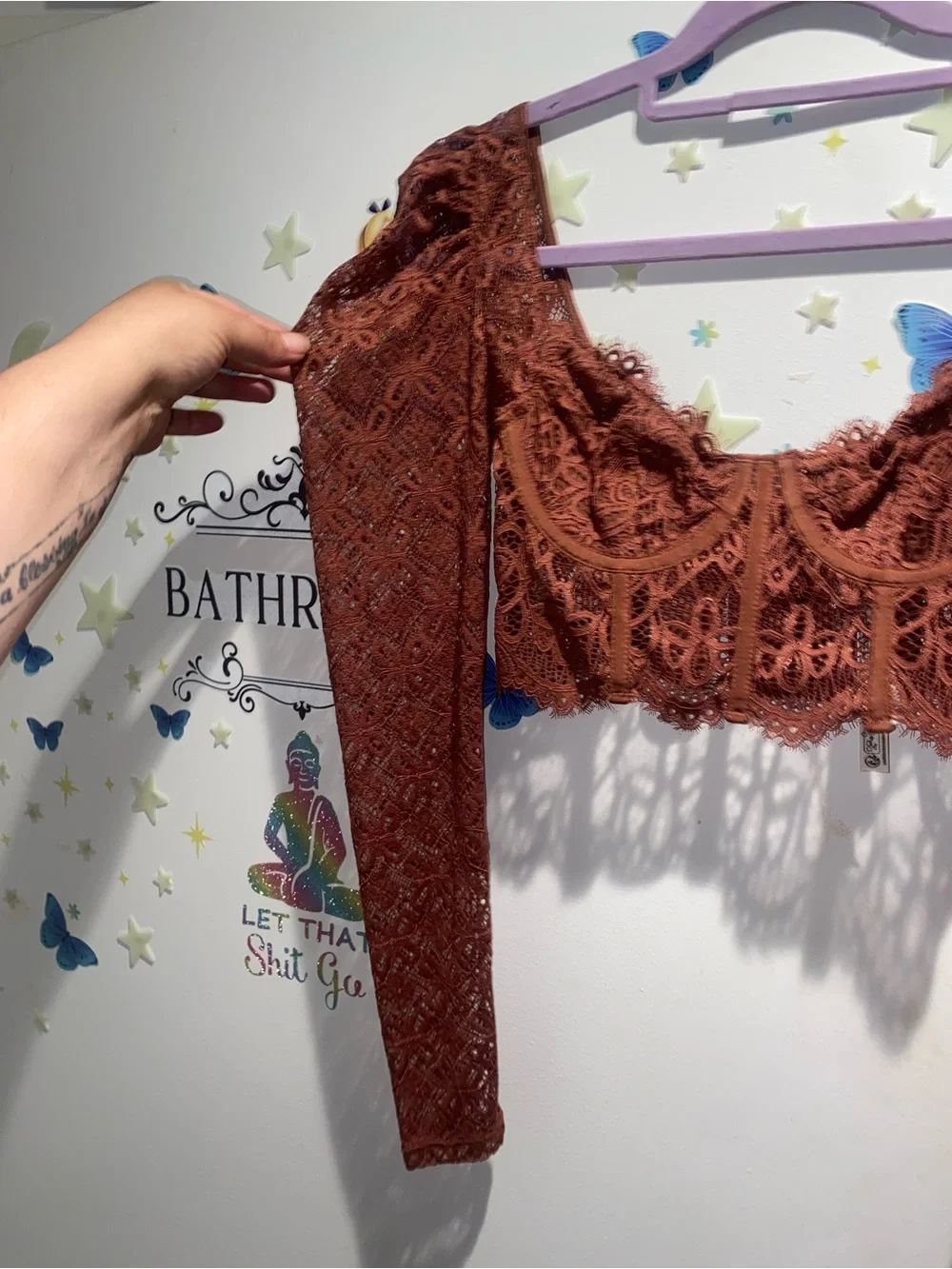 Anthropologie Rust Lace Corset Long Sleeve Crop Top XS Boho Romantic Cottagecore