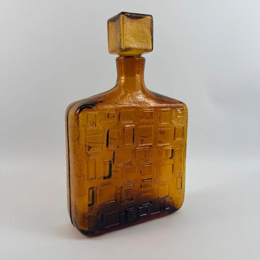 Empoli Brutalist Amber Art Glass Decanter Geometric Bottle Italy MCM