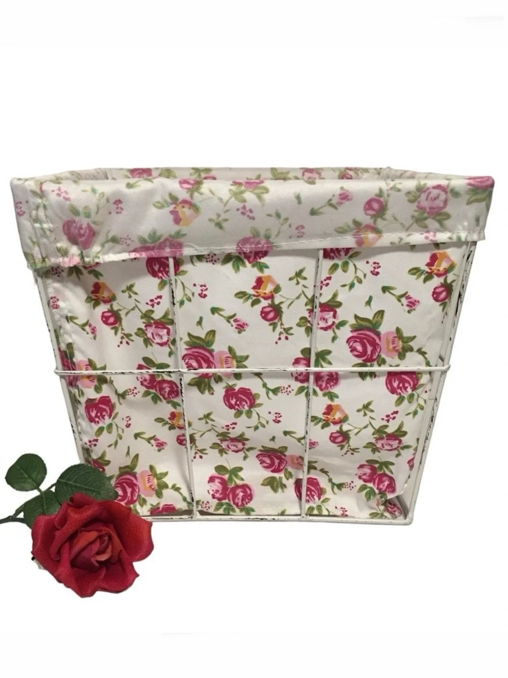 White Wire Basket with Floral Shabby Chic  Cottagecore Removable Fabric Liner
