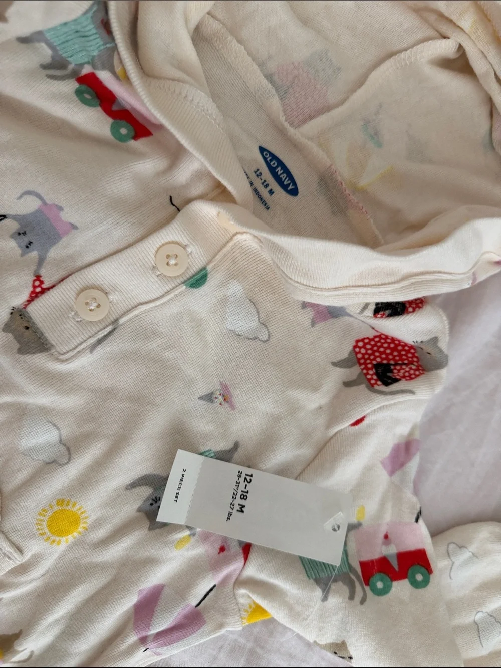 Old Navy Cream Hooded Romper with Colorful Kitty and Sun Prints set of 2
