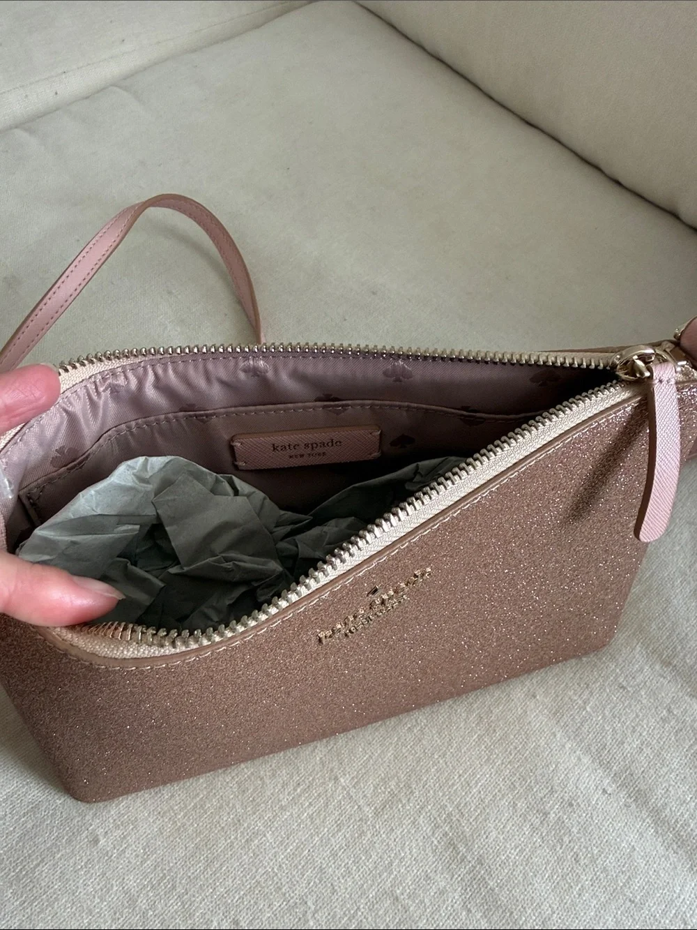 Kate Spade NWT Rose Gold Glitter Crossbody Pouch
