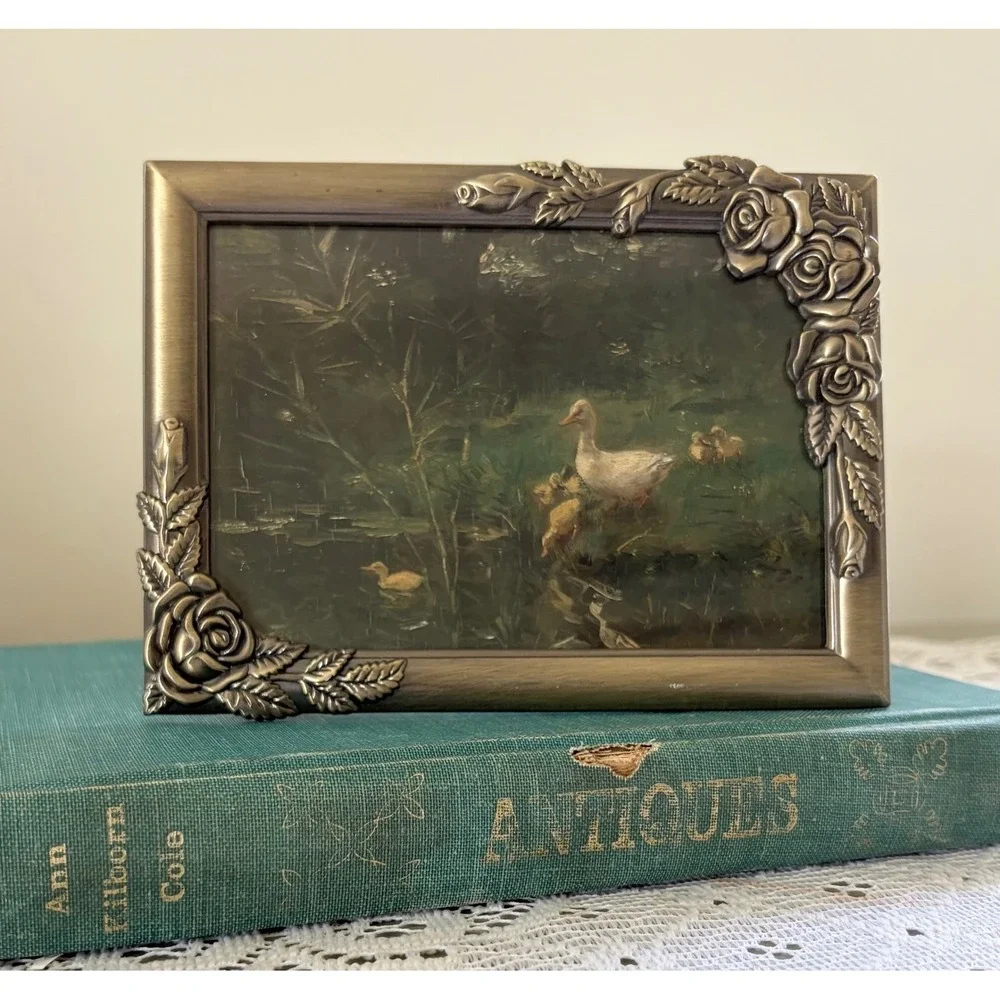 Vintage Pewter Rose Floral Picture Frame with Duck Pond Art Print 5x7 4x6
